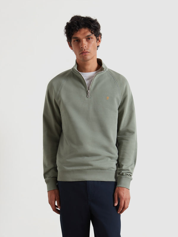 farah Jim Organic Cotton Quarter Zip Sweatshirt In Tarragon Green