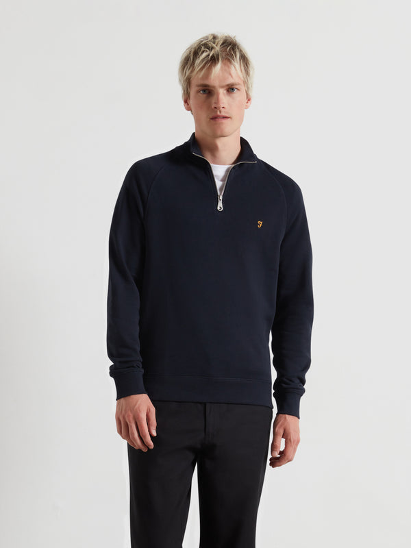 farah Jim Organic Cotton Quarter Zip Sweatshirt In True Navy