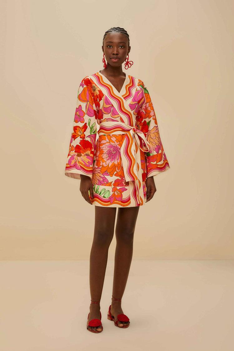 Farm Rio Beige Spring Affair Euroflax™ Premium Linen Mini Dress SPRING AFFAIR BEIGE