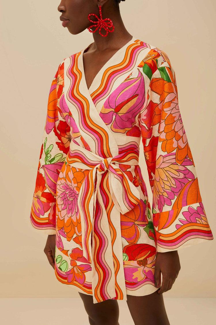 Farm Rio Beige Spring Affair Euroflax™ Premium Linen Mini Dress SPRING AFFAIR BEIGE