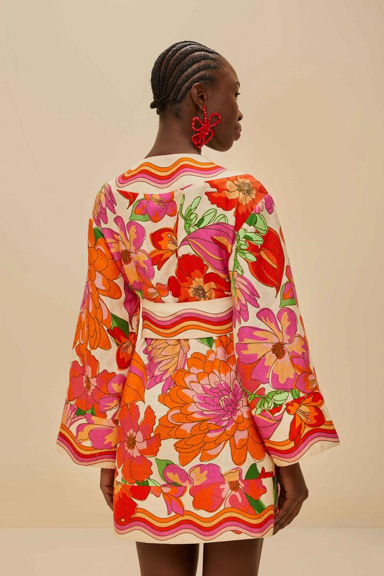 Farm Rio Beige Spring Affair Euroflax™ Premium Linen Mini Dress SPRING AFFAIR BEIGE