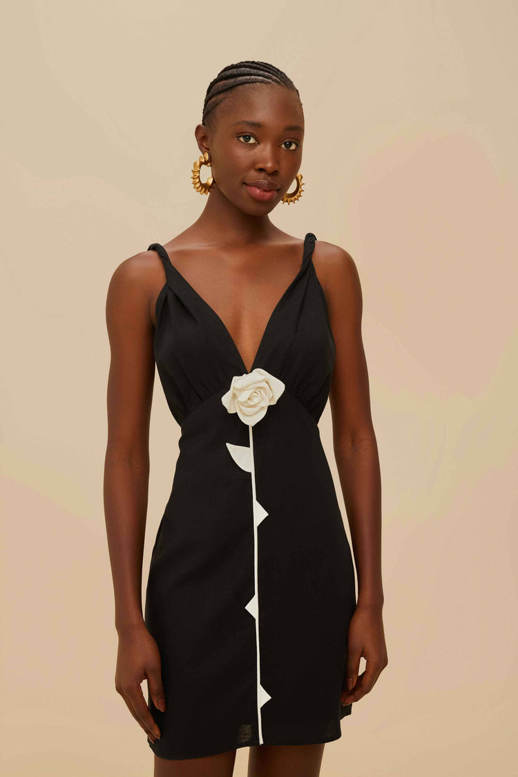 farm rio black and white rose lenzing™ ecovero™ euroflax™ mini dress BLACK