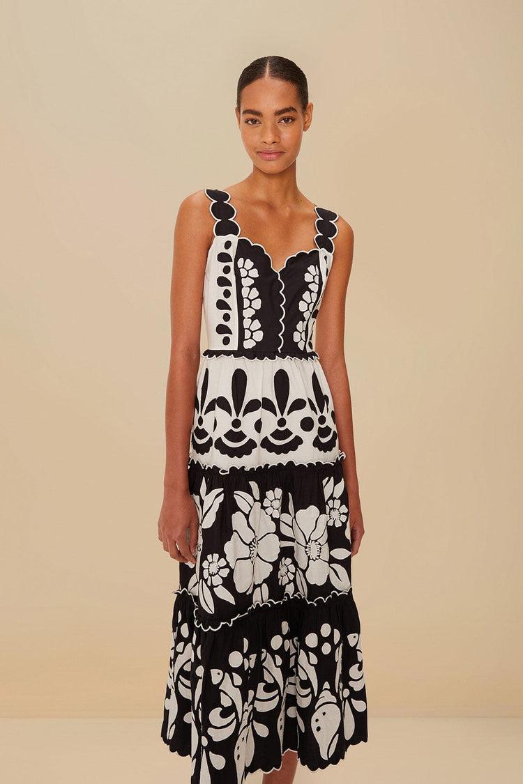 Farm Rio Black And White Summer Cutwork Organic Cotton Midi Dress BLACK AND WHITE