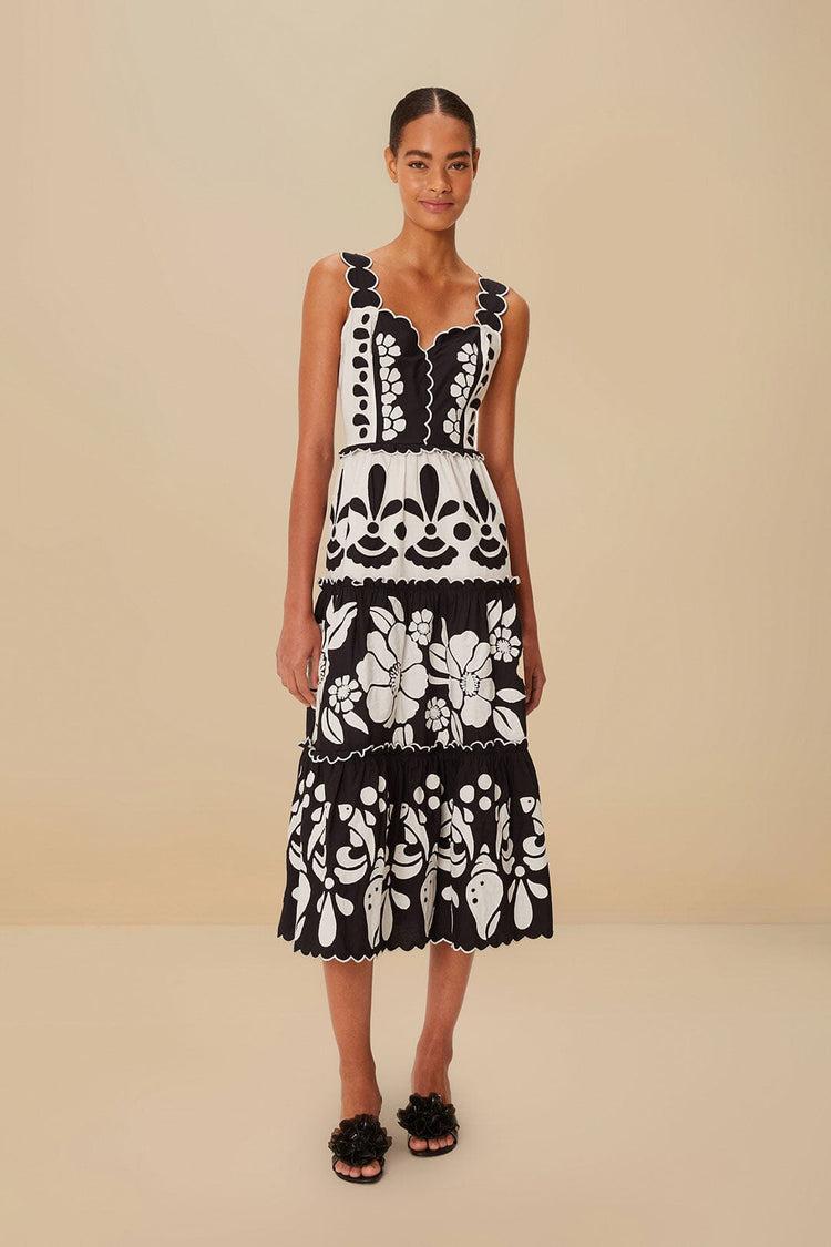 farm rio black and white summer cutwork organic cotton midi dress BLACK AND WHITE