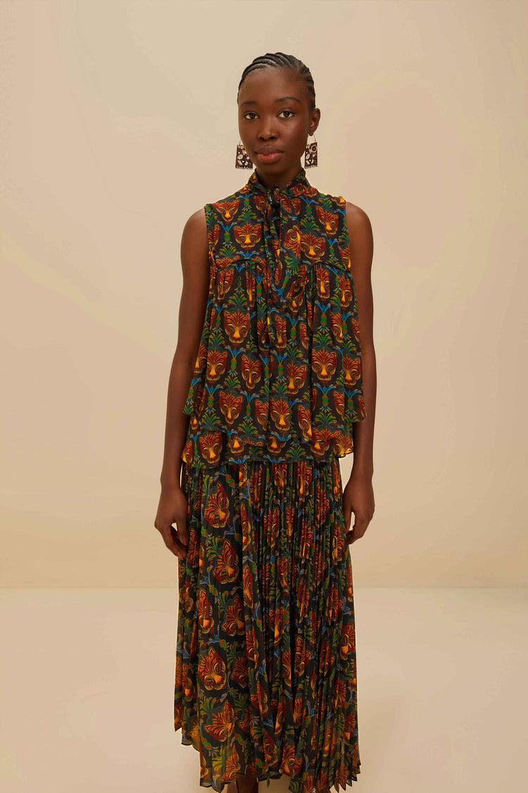 Farm Rio Black Boho Panther Pleated Maxi Skirt BOHO PANTHER BLACK