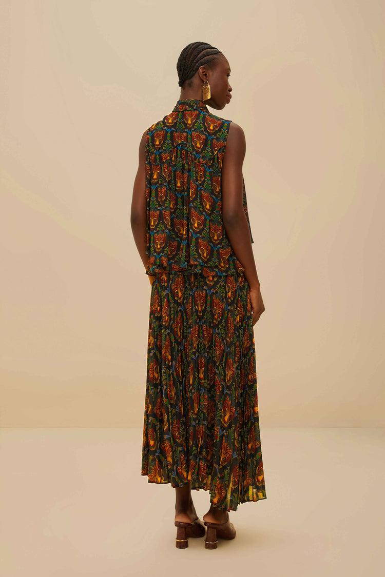 Farm Rio Black Boho Panther Pleated Maxi Skirt BOHO PANTHER BLACK