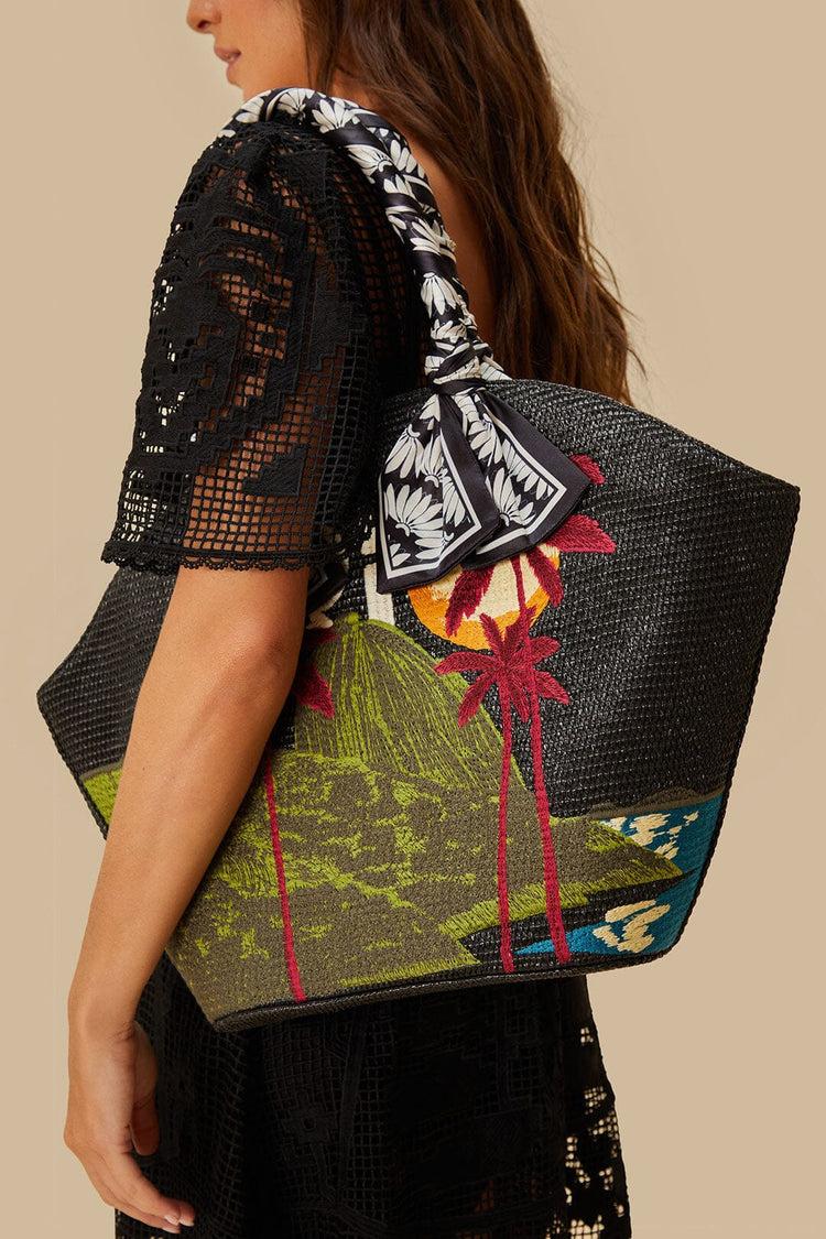 Farm Rio Black Copacabana Raffia Shell Tote COPABANANA