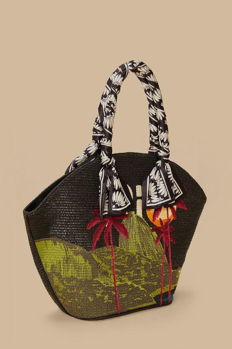 Farm Rio Black Copacabana Raffia Shell Tote COPABANANA
