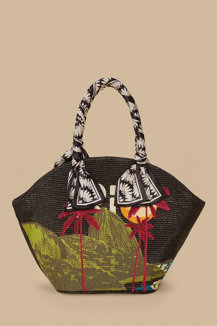 farm rio black copacabana raffia shell tote COPABANANA