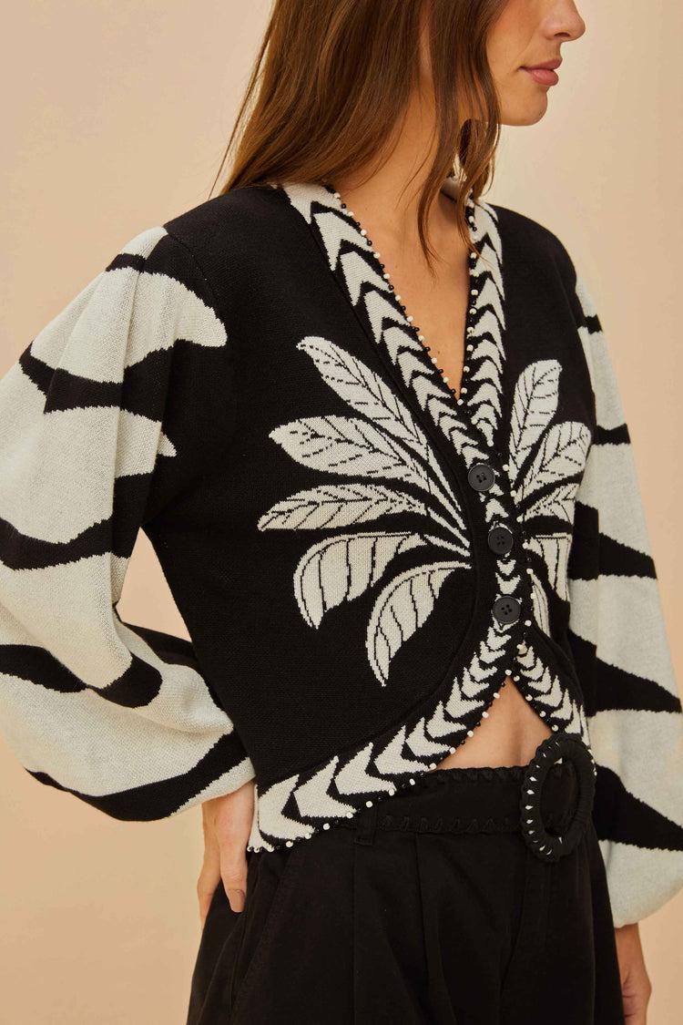 Farm Rio Black Palms Graphic Cardigan BLACK AND WHITE