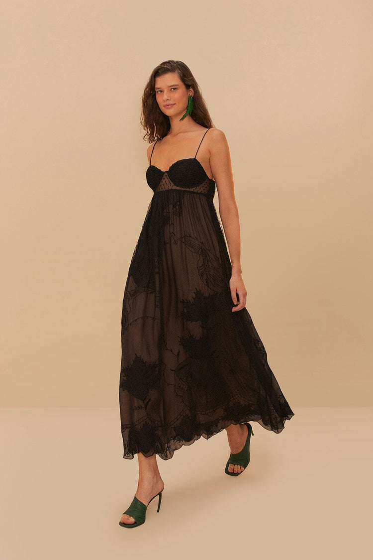 Farm Rio Black Special Lace Sleeveless Maxi Dress BLACK