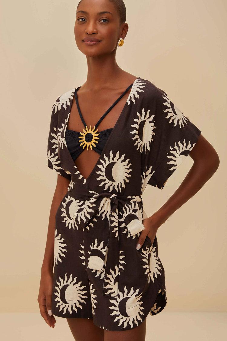 Farm Rio Black Sunny Moon Lenzing™ Ecovero™ Euroflax™ Romper SUNNY MOON BLACK