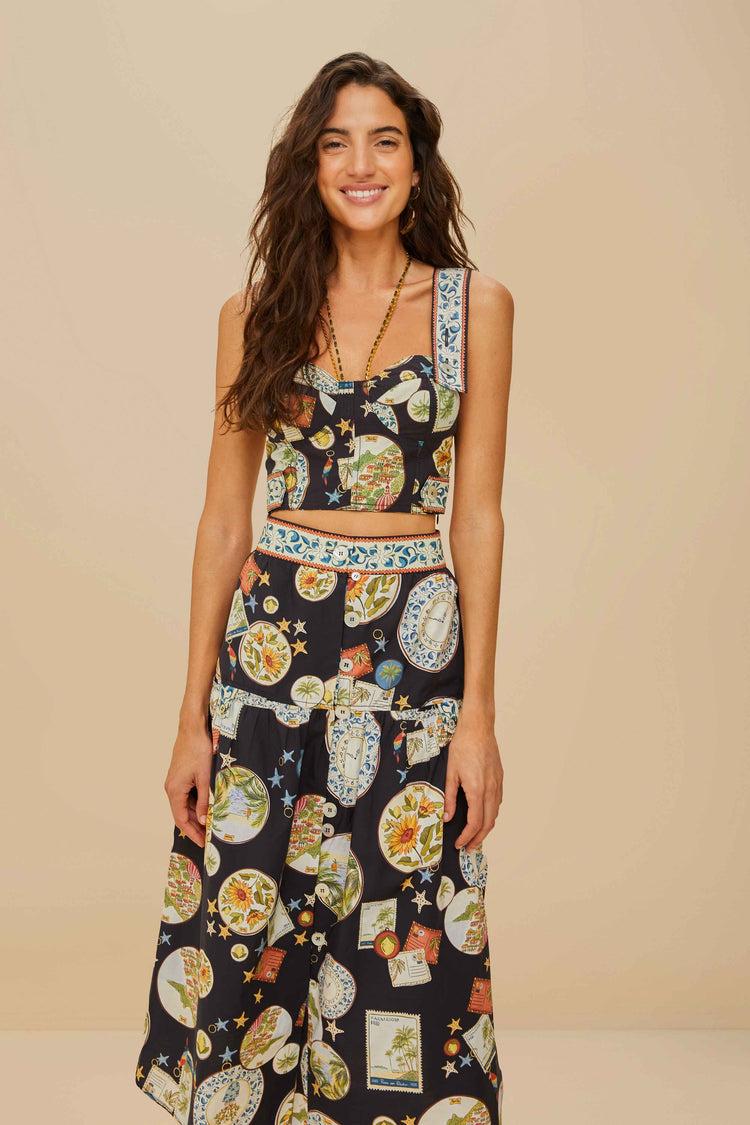 Farm Rio Black Trip Souvenir Organic Cotton Midi Skirt TRIP SOUVENIR BLACK