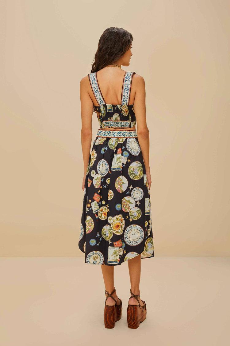 Farm Rio Black Trip Souvenir Organic Cotton Midi Skirt TRIP SOUVENIR BLACK