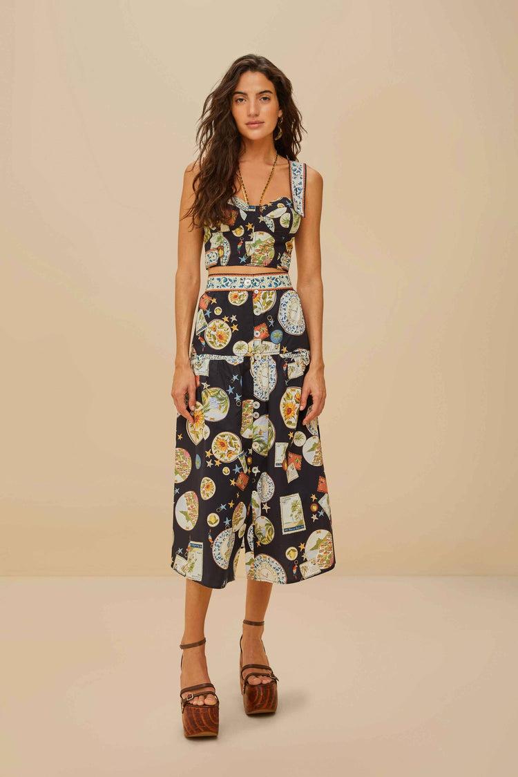 farm rio black trip souvenir organic cotton midi skirt TRIP SOUVENIR BLACK farm rio black trip souvenir organic cotton midi skirt TRIP SOUVENIR BLACK