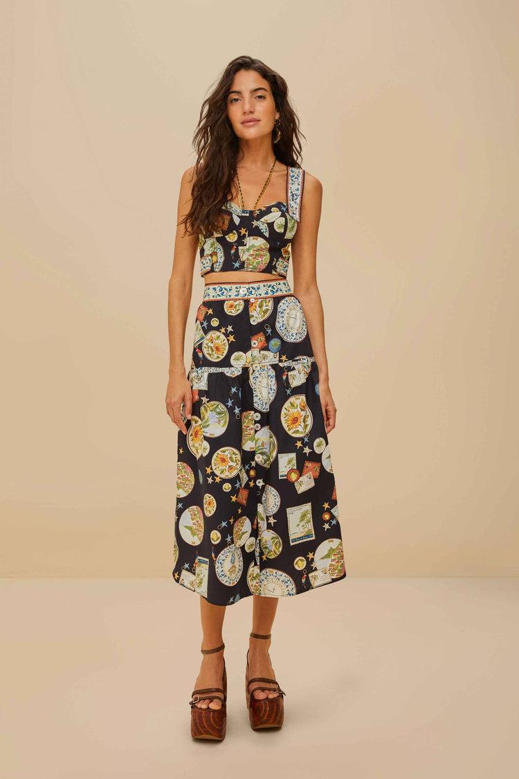 Farm Rio Black Trip Souvenir Topstitching Organic Cotton Top TRIP SOUVENIR BLACK