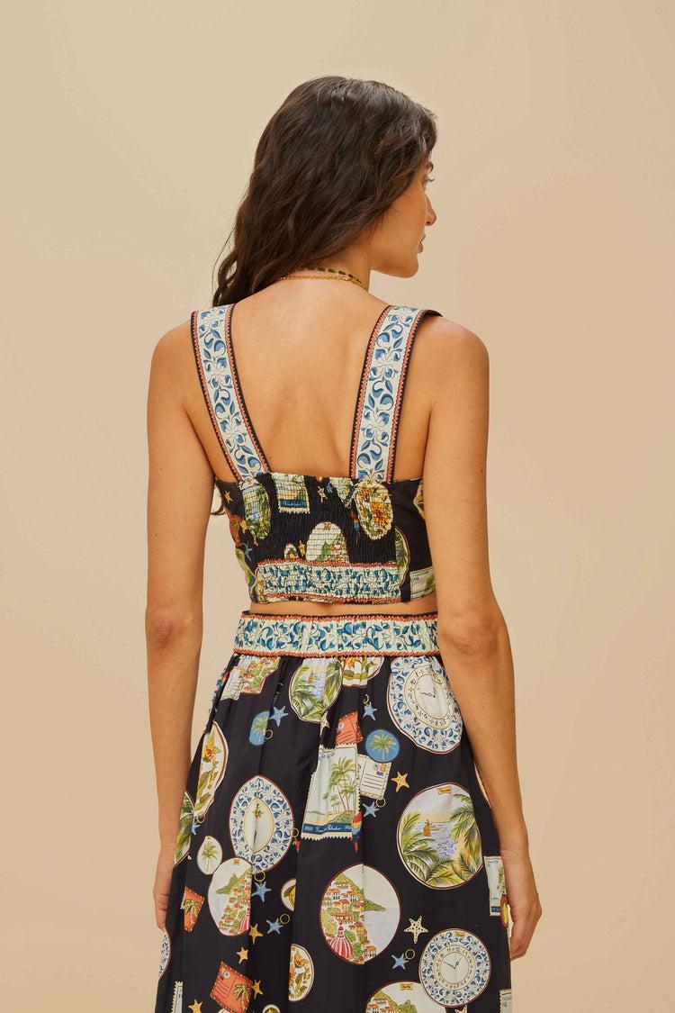 Farm Rio Black Trip Souvenir Topstitching Organic Cotton Top TRIP SOUVENIR BLACK