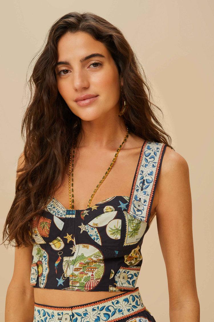 farm rio black trip souvenir topstitching organic cotton top TRIP SOUVENIR BLACK