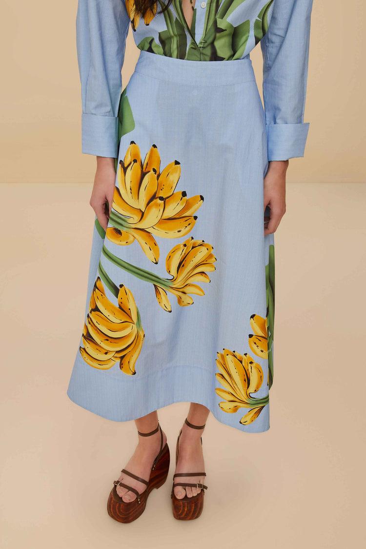 Farm Rio Blue Banana Cocina Striped Midi Skirt BLUE