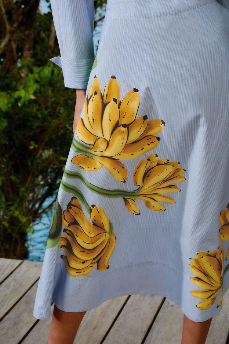 Farm Rio Blue Banana Cocina Striped Midi Skirt BLUE