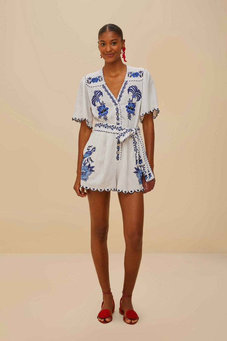 Farm Rio Blue Delicate Forest Richelieu Embroidered Lenzing™ Ecovero™ Euroflax™ Romper OFF-WHITE