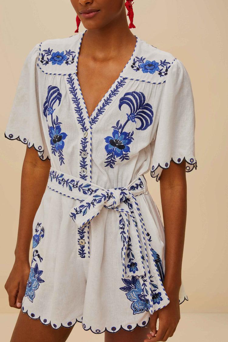 Farm Rio Blue Delicate Forest Richelieu Embroidered Lenzing™ Ecovero™ Euroflax™ Romper OFF-WHITE