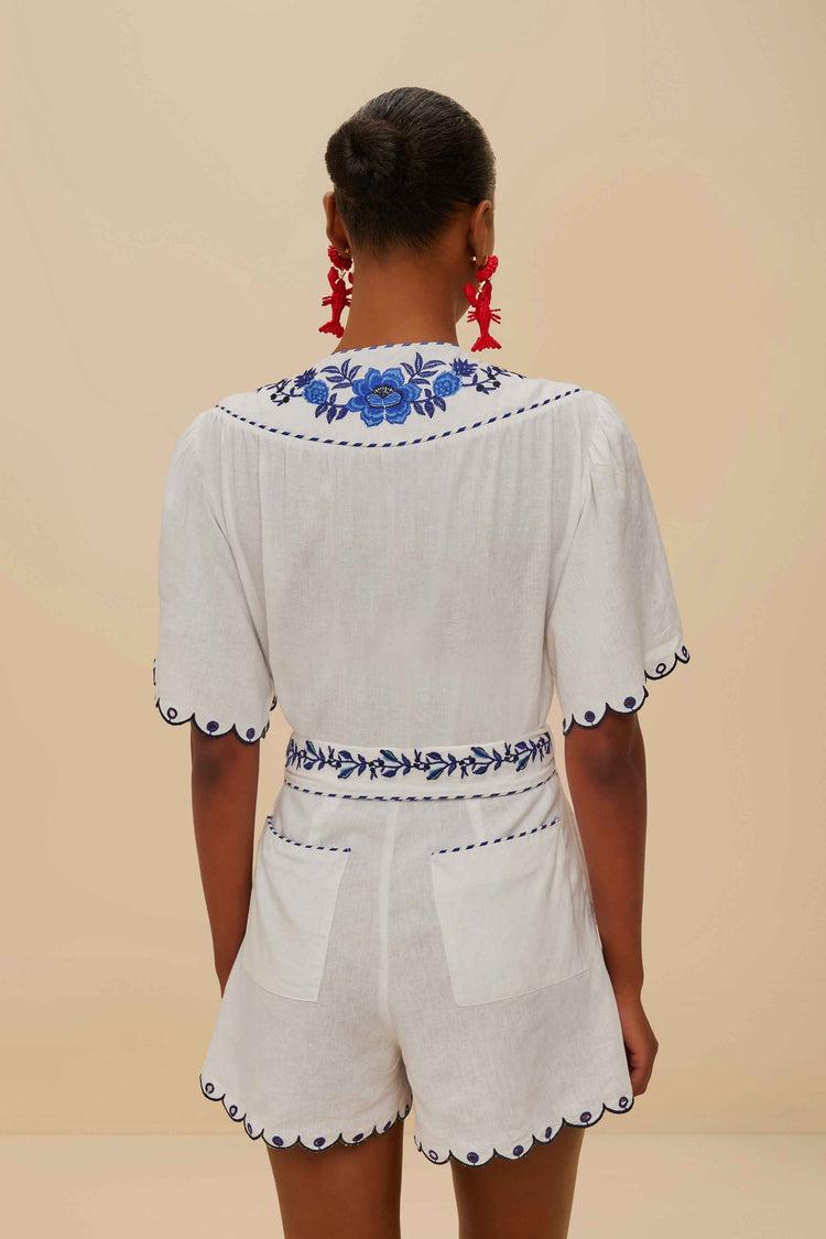 Farm Rio Blue Delicate Forest Richelieu Embroidered Lenzing™ Ecovero™ Euroflax™ Romper OFF-WHITE