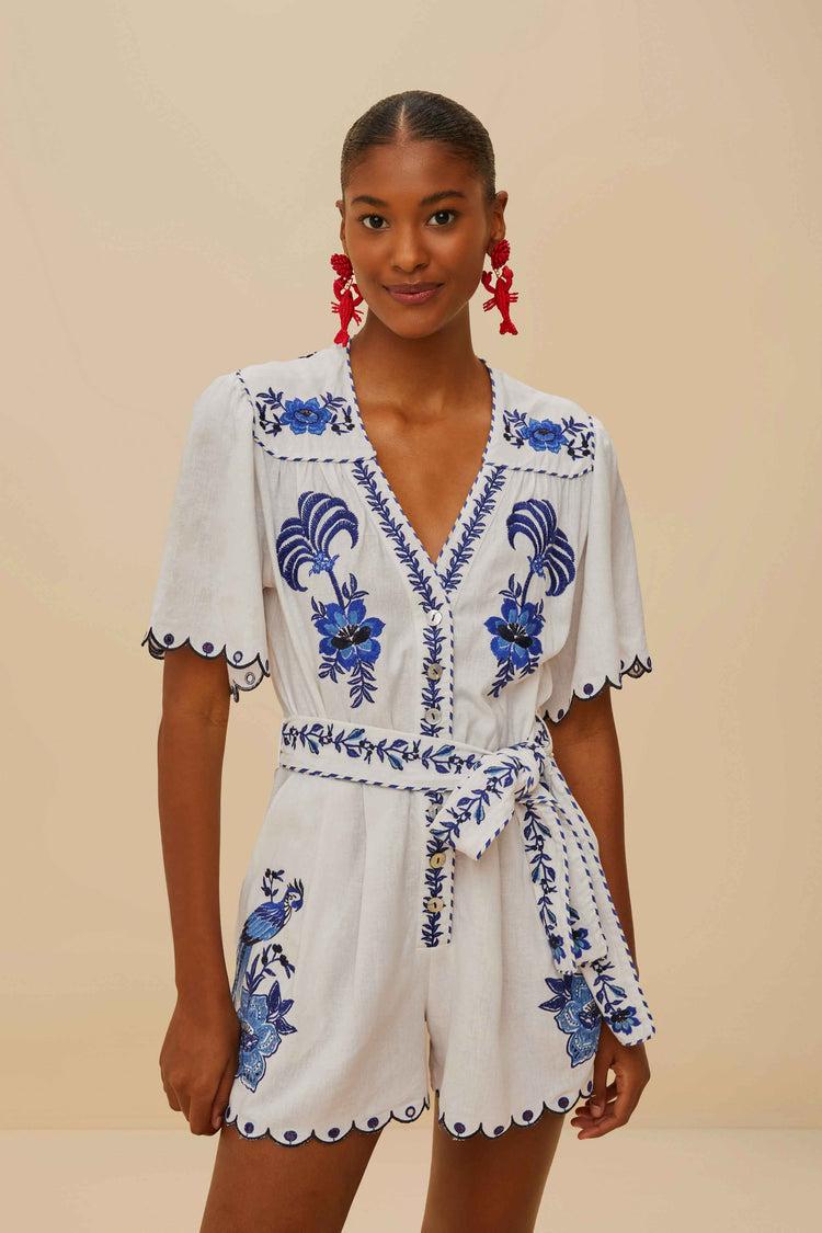 farm rio blue delicate forest richelieu embroidered lenzing™ ecovero™ euroflax™ romper OFF-WHITE