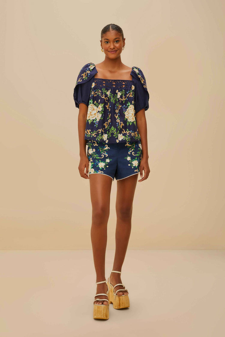 Farm Rio Blue Flower Tapestry Yoke Blouse FLOWER TAPESTRY BLUE