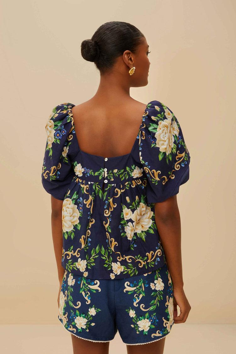 Farm Rio Blue Flower Tapestry Yoke Blouse FLOWER TAPESTRY BLUE