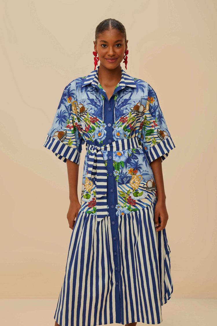 Farm Rio Blue Fresh Table Scarf Organic Cotton Midi Dress FRESH TABLE SCARF BLUE