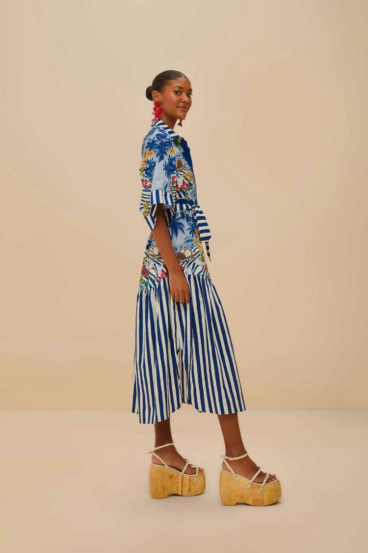 Farm Rio Blue Fresh Table Scarf Organic Cotton Midi Dress FRESH TABLE SCARF BLUE