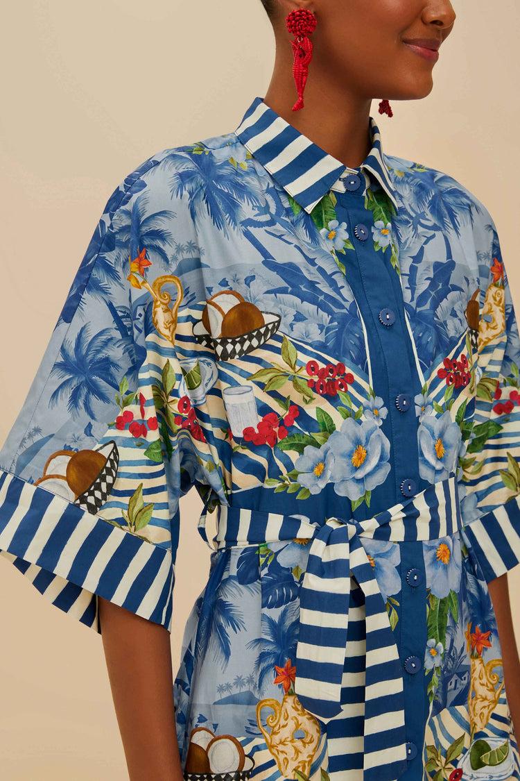 Farm Rio Blue Fresh Table Scarf Organic Cotton Midi Dress FRESH TABLE SCARF BLUE