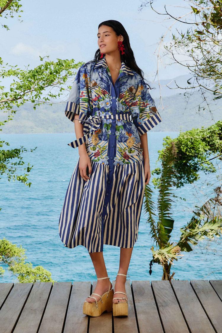 farm rio blue fresh table scarf organic cotton midi dress FRESH TABLE SCARF BLUE