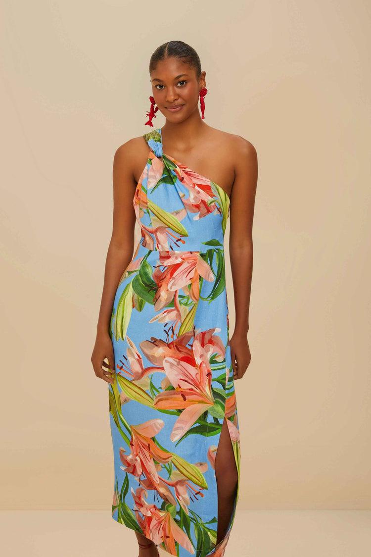 Farm Rio Blue Lily Bloom Euroflax™ Premium Linen Midi Dress LILY BLOOM BLUE