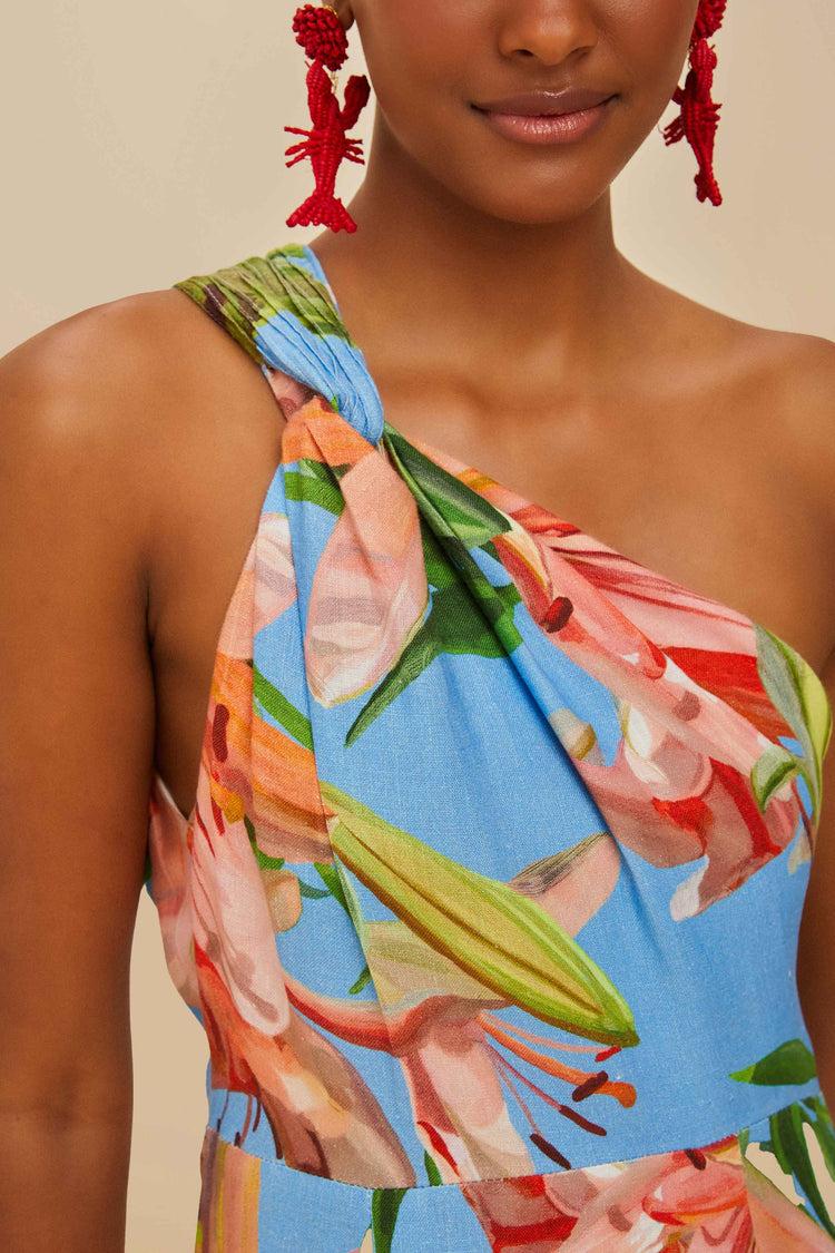 Farm Rio Blue Lily Bloom Euroflax™ Premium Linen Midi Dress LILY BLOOM BLUE