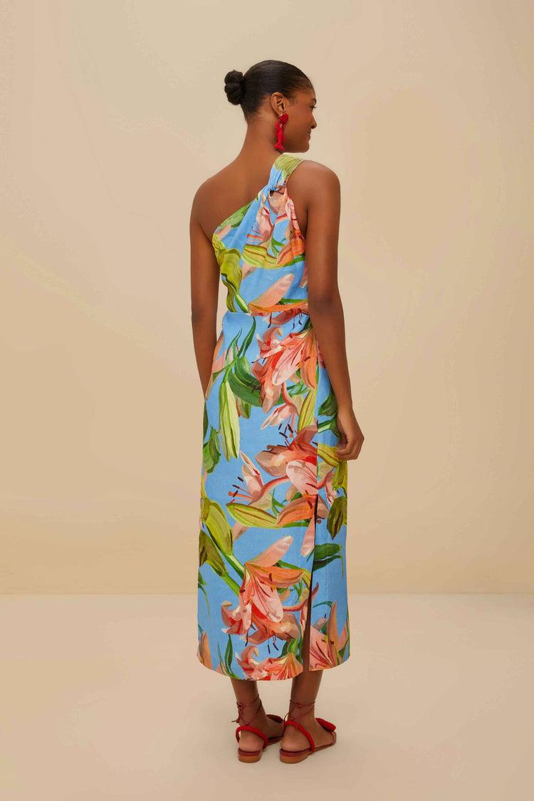 Farm Rio Blue Lily Bloom Euroflax™ Premium Linen Midi Dress LILY BLOOM BLUE