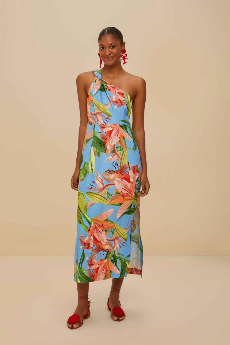 farm rio blue lily bloom euroflax™ premium linen midi dress LILY BLOOM BLUE