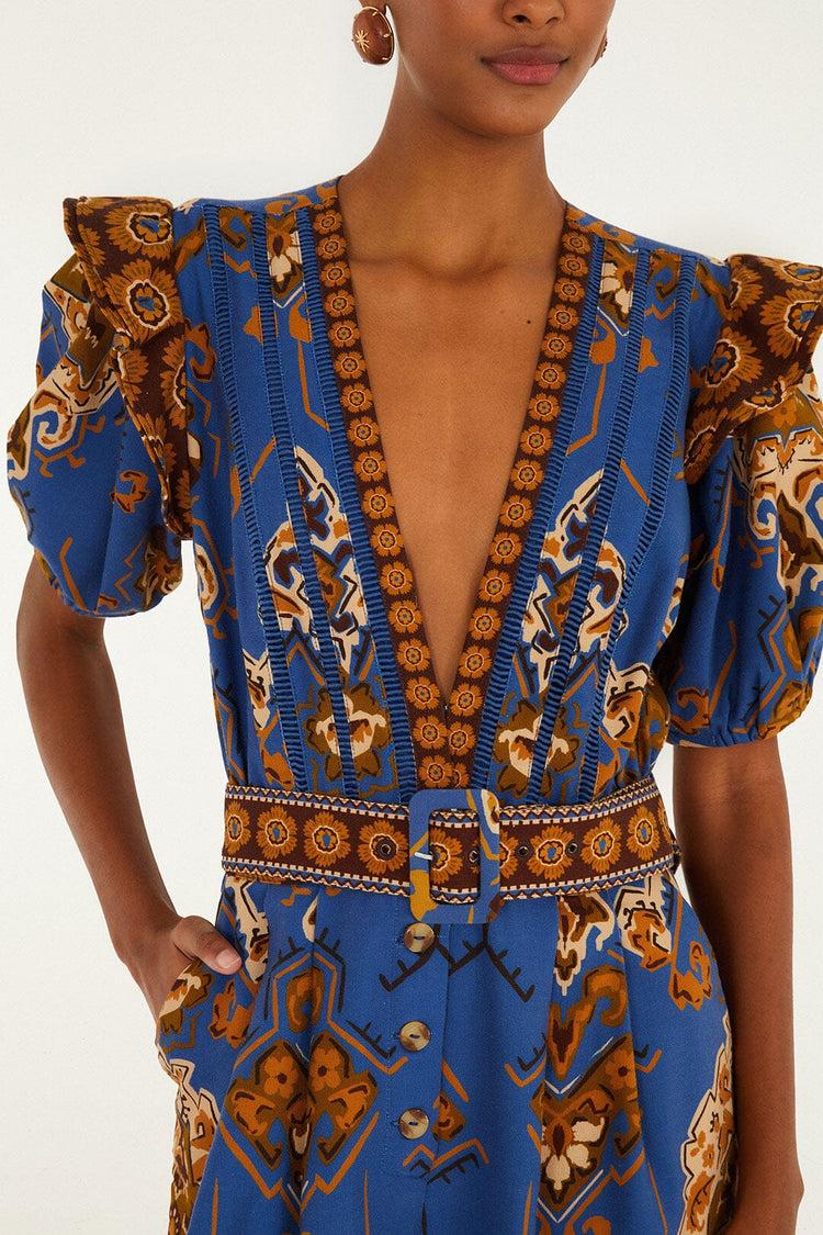 Farm Rio Blue Ornament Floral Jumpsuit ORNAMENT FLORAL BLUE