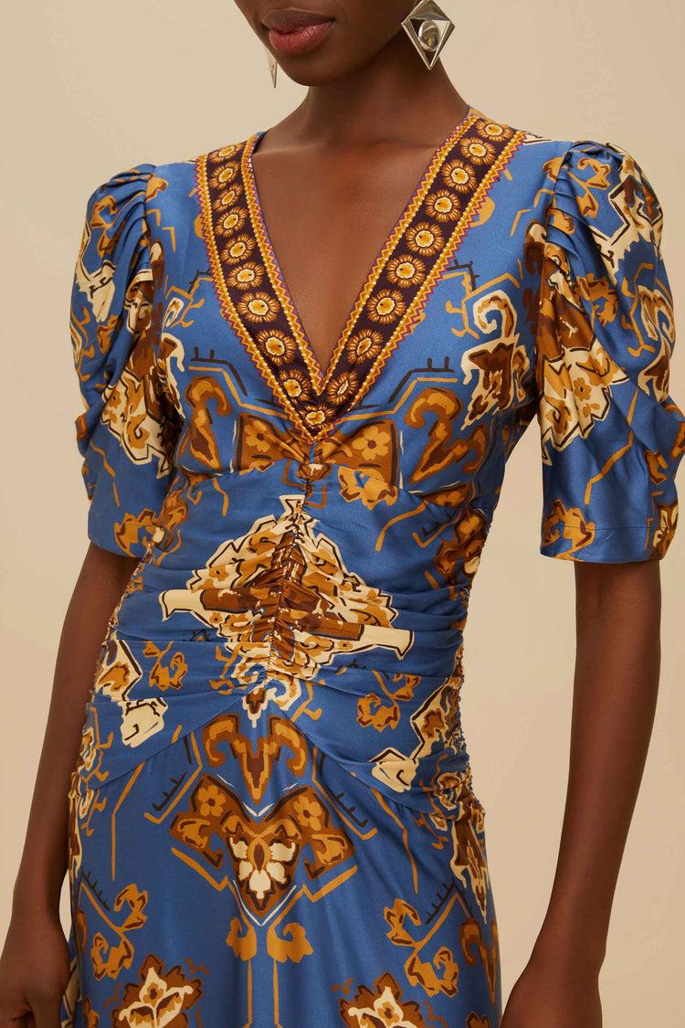 Farm Rio Blue Ornament Floral Midi Dress ORNAMENT FLORAL BLUE