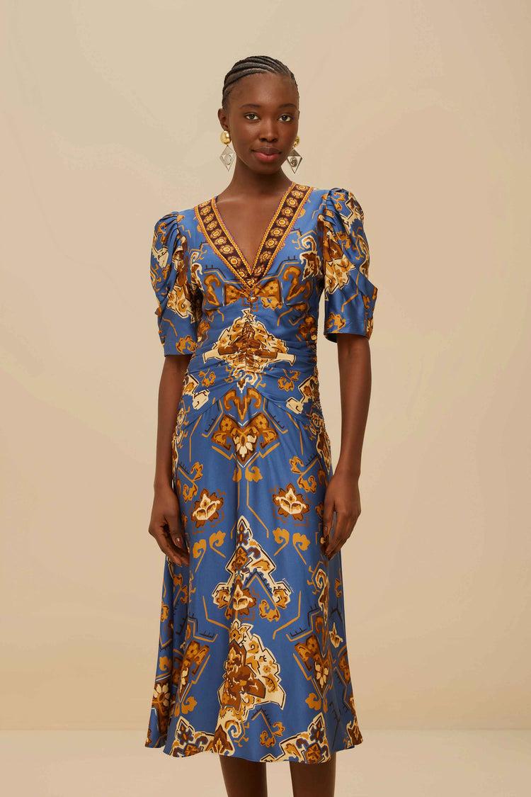 Farm Rio Blue Ornament Floral Midi Dress ORNAMENT FLORAL BLUE