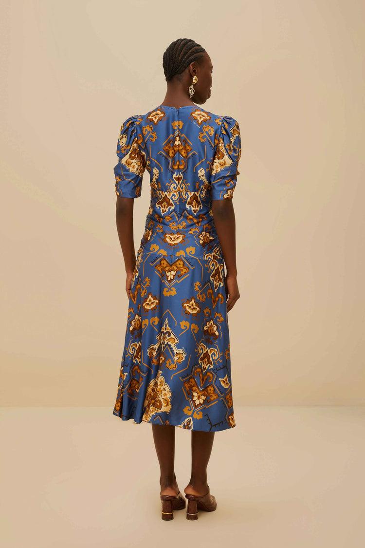Farm Rio Blue Ornament Floral Midi Dress ORNAMENT FLORAL BLUE