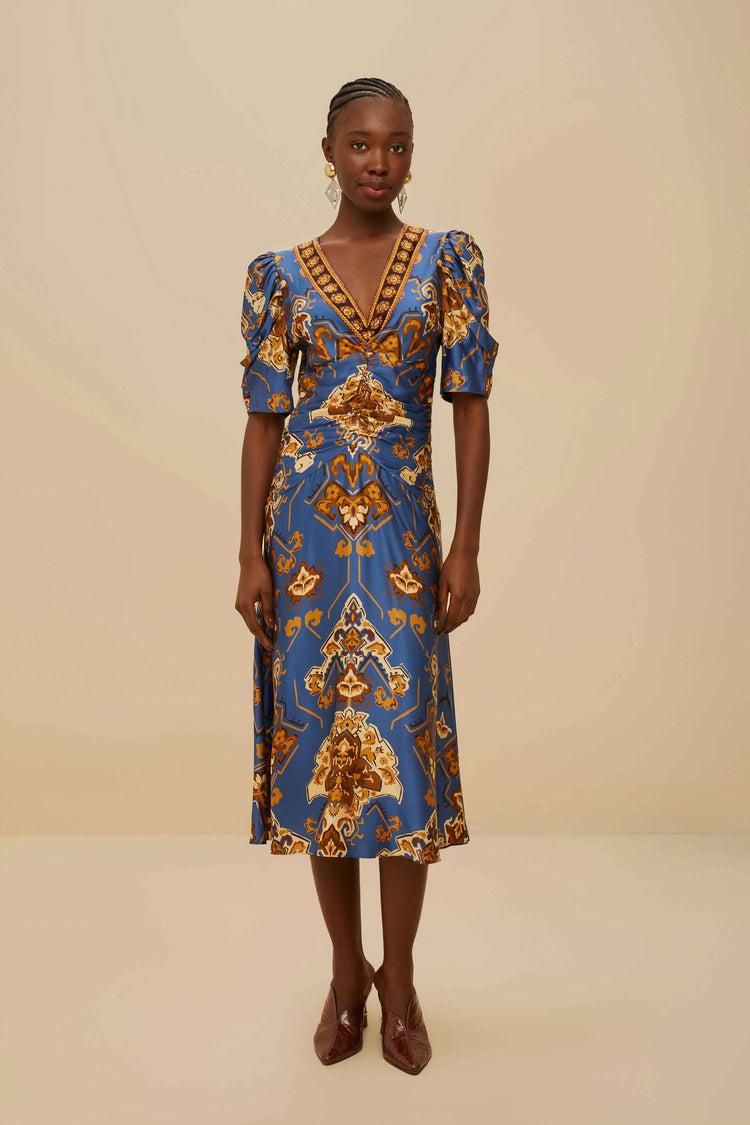 farm rio blue ornament floral midi dress ORNAMENT FLORAL BLUE