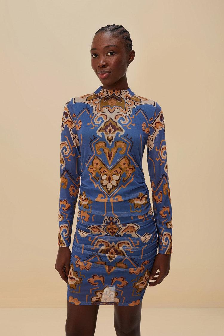 Farm Rio Blue Ornament Floral Tulle Mini Dress ORNAMENT FLORAL BLUE