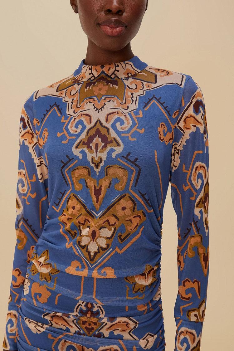 Farm Rio Blue Ornament Floral Tulle Mini Dress ORNAMENT FLORAL BLUE