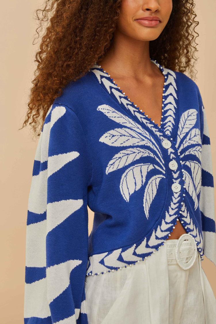 Farm Rio Blue Palms Graphic Knit Cardigan BLUE AND WHITE