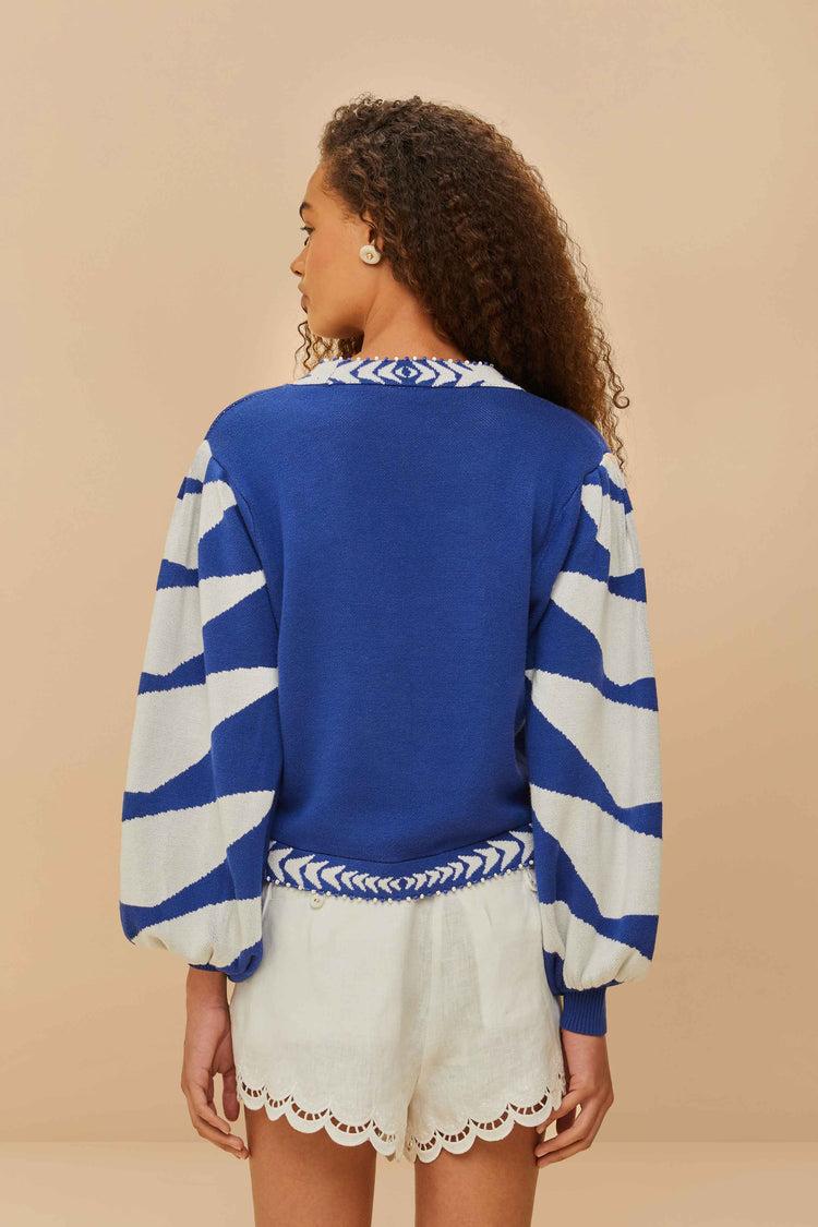 Farm Rio Blue Palms Graphic Knit Cardigan BLUE AND WHITE