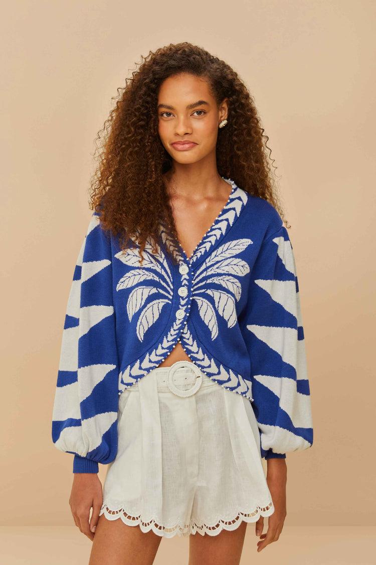 farm rio blue palms graphic knit cardigan BLUE AND WHITE