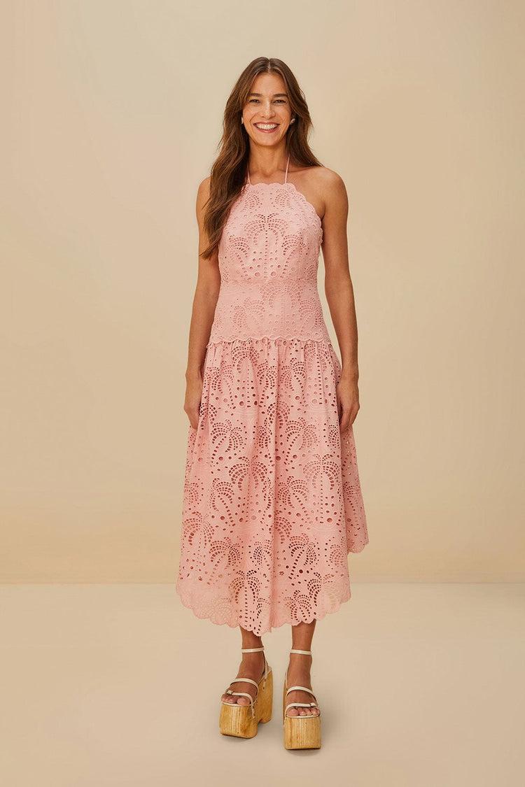 Farm Rio Blush Pink Palm Tree Eyelet Midi Dress BLUSH PINK