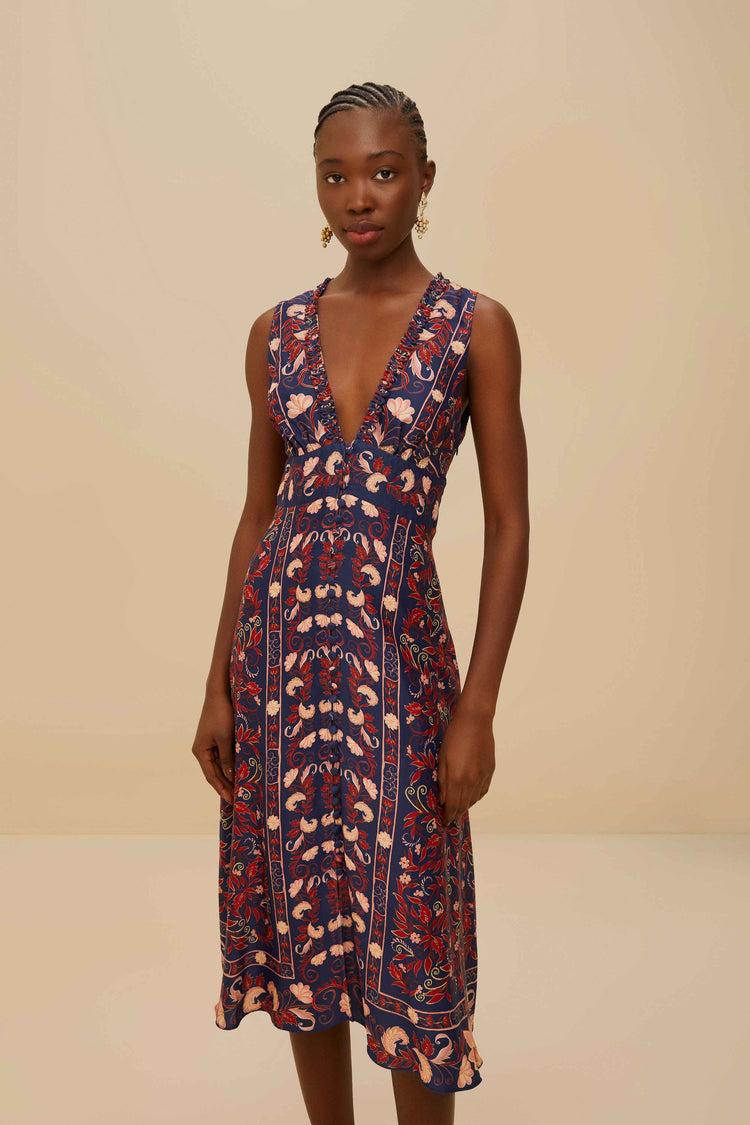 Farm Rio Boho Floral Scarf Navy Blue Midi Dress BOHO FLORAL SCARF NAVY BLUE